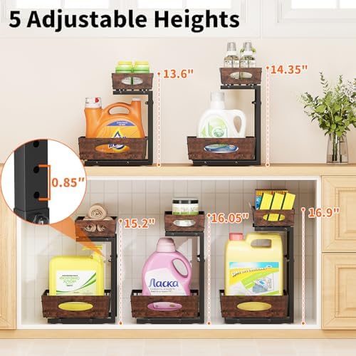2-Tier Under Sink Organizer with Wooden Drawer Handle, 2 Pack Adjustable Height Pull Out Cabinet Organizer Shelf,Slide out Storage Drawer Rack for Kitchen Bathroom Laundry Room Pantry - Image 3