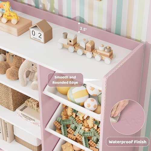 HITHOS 55" W Kids Toy Storage Organizer with 10 Toy Box & Book Shelf, Pink - Image 4