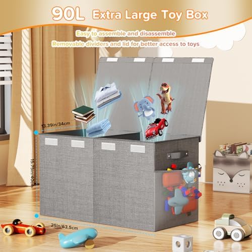 Large Toy Box Chest, Collapsible Sturdy Toy Storage Organizer Boxes Bins Baskets Dinosaur Kids Toy Chest Bin with Lids for Boys Girls Living Room Playroom Bedroom Nursery 25"x14"x16" Gray - Image 2