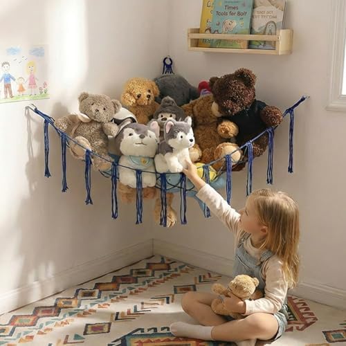 YKBU Stuffed Animals Hammock Corner Hanging Net Macrame Stuffed Animal Storage Plush Toy Holder Toy Organizer for Boho Nursery Playroom Bedroom Kids Room (blue, m) by YKBU