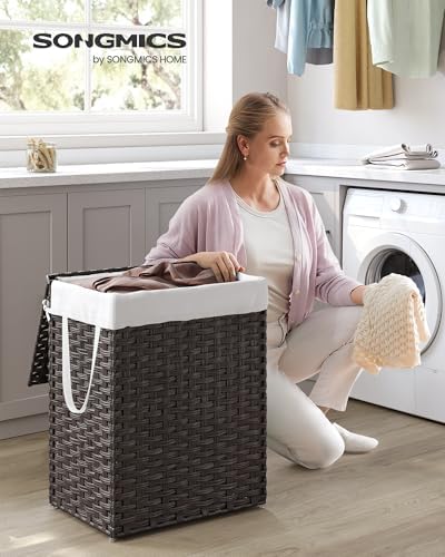 SONGMICS Laundry Hamper with Lid, 23.8 Gallon (90 L) Synthetic Rattan Clothes Laundry Basket with Lid and Handles, Foldable, Removable Liner, Chestnut Brown ULCB051K02 - Image 2