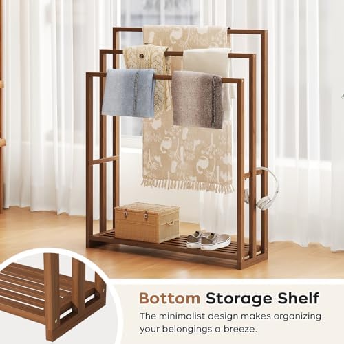 Standing Towel Rack for Bathroom, 39.4''H Bamboo Blanket Racks with Shelf - Image 5