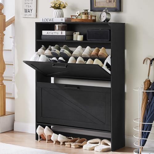 RWYHG Shoe Cabinet with 2 Flip Drawers, Narrow Entryway Organizer,Black by RWYHG