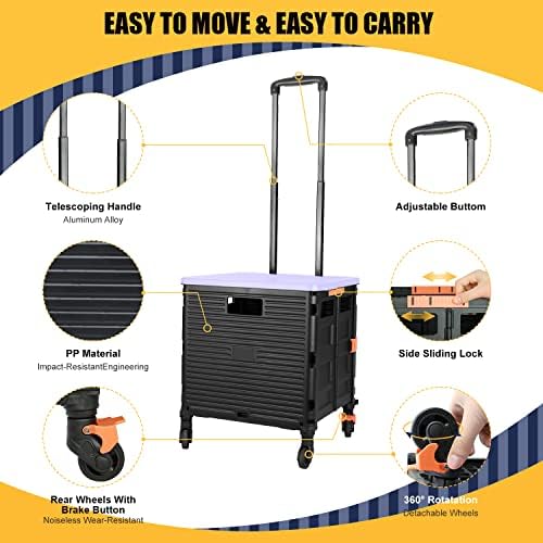 Foldable Utility Cart Portable Rolling Crate Handcart Shopping Trolley Collapsible Tool Box with Rotate Wheels Durable Duty Plastic Telescoping Handle Lid for Travel Move Office School(Purple) - Image 4