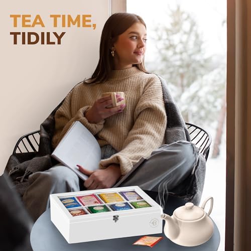 Tea Bag Organizer with Drawer - Bamboo Tea Box Organizer, 8-Compartment Tea Storage Box with Acrylic Lid and Magnetic Closure, Tea Box for Kitchen Counter, Gifts for Mom, Wife, Tea Lovers (White) - Image 2