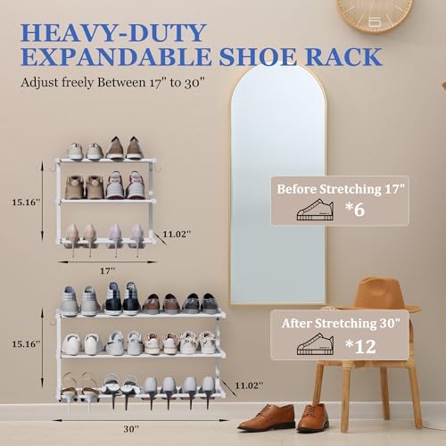 2 Pack Wall Mounted Shoe Rack, 3 Tier Hanging Shoe Rack Holds 24 Pairs, 17"-30"Adjustable Heavy Duty Metal Shoe Organizer Holder with 4 Storage Hooks, Space Saving for Closet Entryway Doorway（White) - Image 2