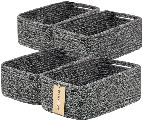 MiniArk Small Storage Baskets for Organizing | Closet Organizer Bins | Shelf Toy Basket | Woven Rope Baskets | Cube Decorative Box | Shallow Basket | 13x8.5x5.1” | 4 Packs Dark Gray by MiniArkStorageBasketsHome