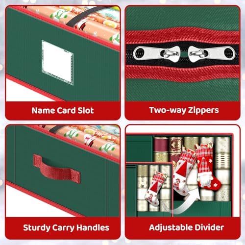 BlessedSeason Wrapping Paper Storage Organizer for 40 Inch Christmas Gifts Wrapping Paper, 2 Visible Supplies Pockets for Holiday Accessories, Christmas Decoration Storage Containers, Green - Image 5