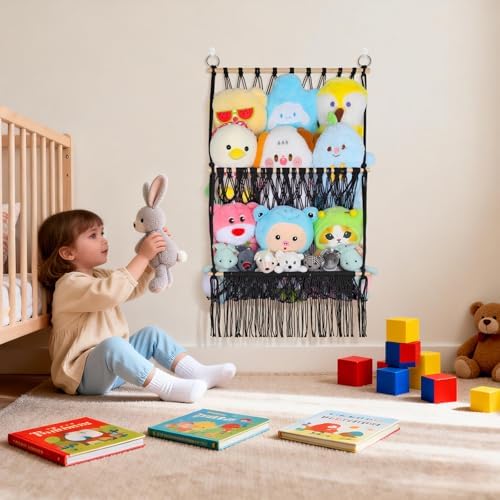 2 Tier Stuffed Animal Storage Net, Large Boho Stuffy Plushies Storage,Black - Image 2