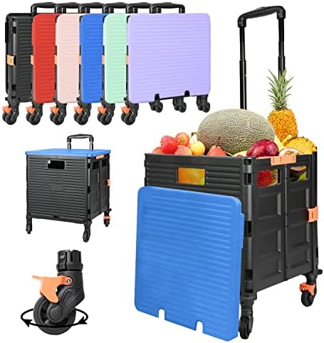Foldable Utility Cart Collapsible Crate Rolling Carts Handcart Trolley Tool Box Basket 4 360°Noiseless Wheels Lid Telescoping Handle for Shop Grocery Luggage Move Office School Teacher (Blue) by SELORSS