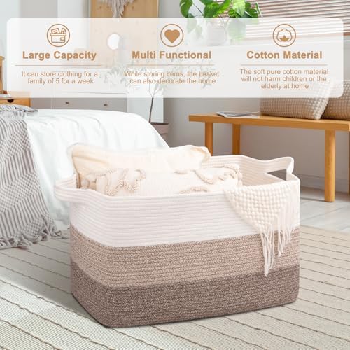 OIAHOMY Extra Large Blanket Basket, 95L Cotton Rope Woven Laundry Basket, Toy Bin for Baby Room, Container for Blanket Storage in Living Room, 24''×17''×14'', Gradient Brown - Image 5