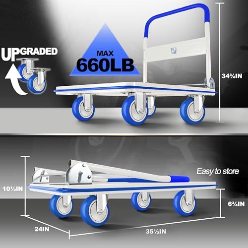 Wellmax Push Cart Dolly, Foldable Moving Platform Flat Cart, 660 lb, Blue - Image 3