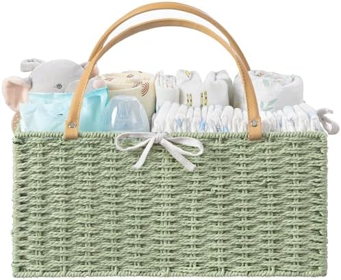 HBlife Large Baby Diaper Caddy Organizer Green, Paper Rope Storage Baskets Nursery Bin with Removable Divider, Portable Car Organizer for Diapers, Baby Shower Gifts, Newborn Essentials Must Haves by HBlife
