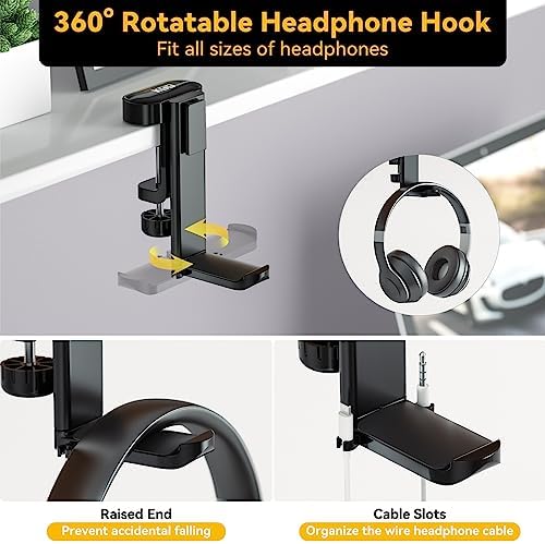 KDD 4 in 1 Desk Cup Holder - Clamp on Under Desk Headphone Hanger - Rotating Headphone Holder Detachable Pen Cup Holder Desktop Storage for Cup, Phone and Pen(Black) - Image 3