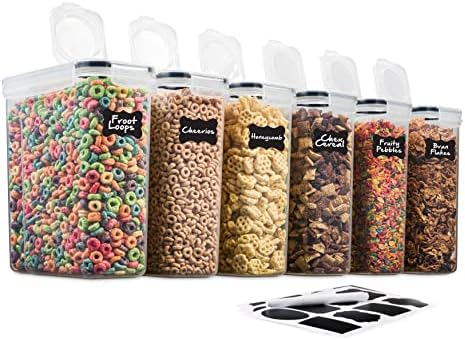 6 Pack Airtight Cereal Food Storage Container - BPA Free Plastic Kitchen and Pantry Organization Canisters for, Dry Pet Food, Flour, Sugar, Rice, Nuts, Snacks & More (135.5 Oz) Labels & Chalk Marker by Seseno