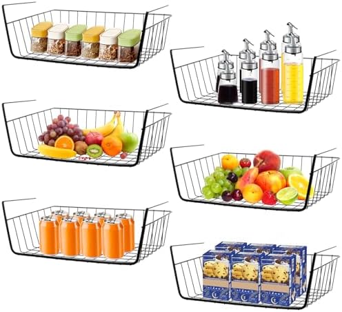 6 Pcs Undershelf Storage Basket Under Shelf Wire Basket Household Metal Under Shelf Hanging Storage Bin Basket Slides Under Shelves for Kitchen Pantry Bookshelf - 14.2" D x 9.1" W x 5.5" H, Black by HOFURME
