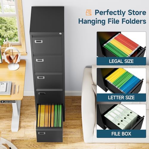 MIIIKO 5 Drawer File Cabinet, Black Vertical Filing Cabinets with Lock, Home Office File Folders Storage Cabinet for Letter Legal File Size. - Image 4