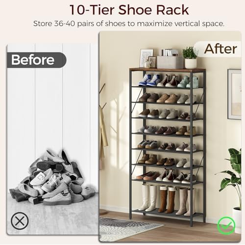 MAHANCRIS 10 Tier Shoe Rack Organizer for Closet, Holds 36-40 Pairs, Tall Metal Shoe Storage Shelf for Dorm, Entryway, Sturdy Freestanding Shoe Rack Space Saving, Large Capacity, Rustic Brown - Image 4