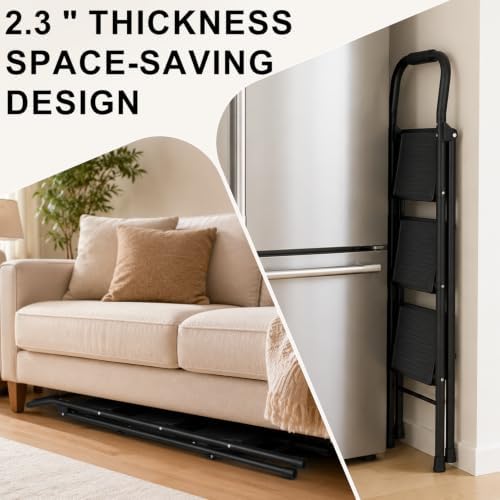 3 Step Ladder Folding 330lbs Anti Slip，Foldable Ergonomic with Wide Pedal for Home, Kitchen, OfficeMatte Black - Image 5