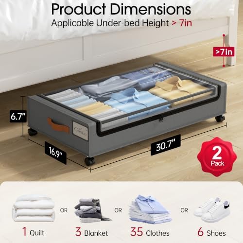 Yecaye Under Bed Storage with Wheels, 2 Pack Under Bed Storage Containers, Large Under Bed Rolling Storage with Clear Window & Label, Bedroom Storage Organizer for Clothes, Shoes, Books, Blankets - Image 2