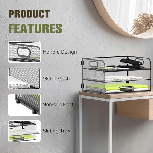 DALTACK 3 Tier Paper Organizer for Desk, Sliding Paper Trays, Black - Image 4