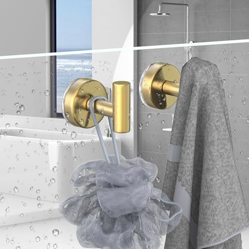 Suction Cup Hooks for Shower, Stainless Steel Shower Hooks for Hanging Towels, Robes, Bath Balls, Towel Hooks for Bathroom Wall, Glass Door, Kitchen, Mirror, Tile (2 Pack，Gold) - Image 2