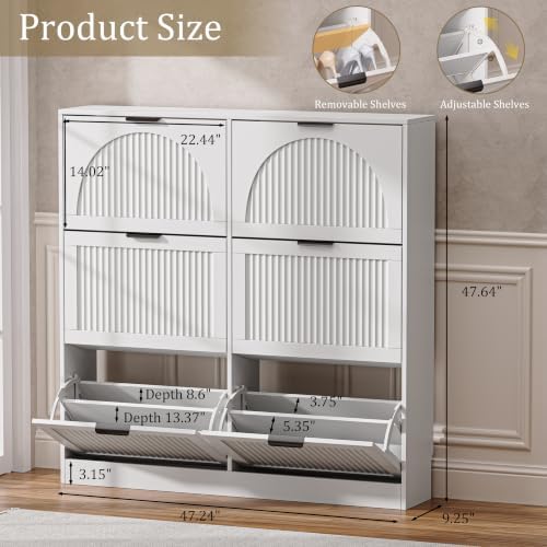 Fluted Shoe Storage Cabinet for Entryway, 6 Flip Drawers, White - Image 2