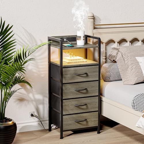 Lazzanto Nightstand with Rear Charging Station, LED Light, 4 Drawers, Grey - Image 2