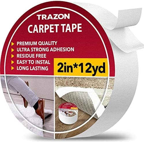 Carpet Tape Double Sided - Rug Tape Grippers for Hardwood Floors and Area Rugs - Carpet Binding Tape Strong Adhesive and Removable, Heavy Duty Stickers Grip Tape, Residue Free (2 Inch / 12 Yards) by TrazonProducts