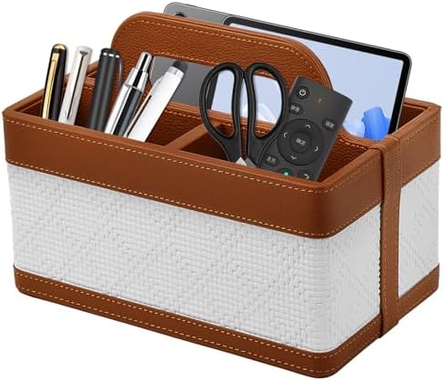 Desk Organizer Caddy with Handle-Portable PU Leather Remote Control Holder-Nightstand Dresser Tote Storage for Sunglasses,Comb,Small iPad,Pen,Heater Controllers,Cosmetics and Office Supplies by RHCSZ