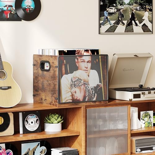 Homeiju Wooden & Metal Record Crate - Vinyl Album Holder & Organizer, Holds Up to 60 Records - Image 7
