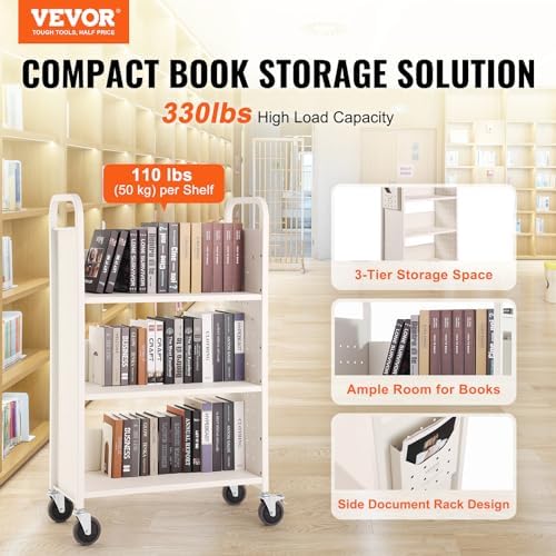 VEVOR Book Cart, 330 lbs Library Cart, 31.1" x 15.2" x 49.2" Rolling Book Cart, Single Sided L-Shaped Flat Shelves with 4-Inch Lockable Wheels for Home Shelves Office and School, Book Truck in Cream - Image 4