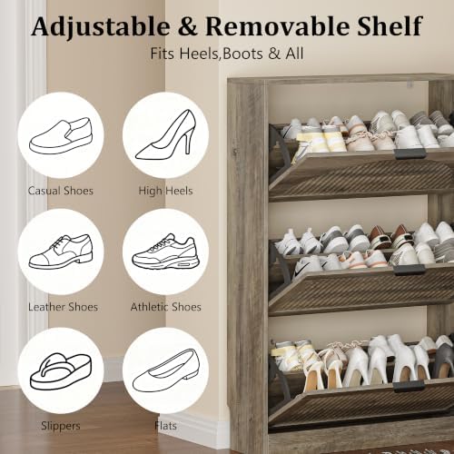 Fluted Shoe Storage Cabinet for Entryway, 3 Flip Drawers, Grey - Image 7