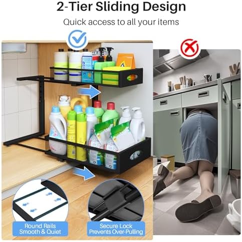 Under Sink Organizer, 2 Pack 2 Tier Pull Out Under Cabinet Organizer Shelf with Pad for Framed Cabinets, Metal Slide Out Under Sink Storage, Mesh Sliding Drawers for Kitchen Bathroom Laundry, Black - Image 5