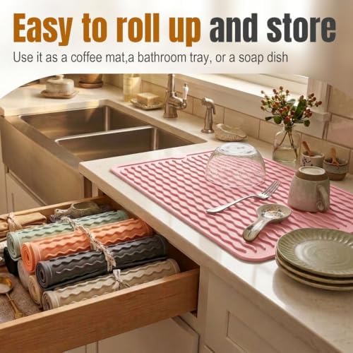 2 Pack Silicone Dish Drying Mat for Kitchen Counter Shower Caddy Rack Waterproof Trivets Under Sink Placemats Meal Prep Essentials for Women Espresso Machine Station Appliances 15"x11.5" Pink - Image 3
