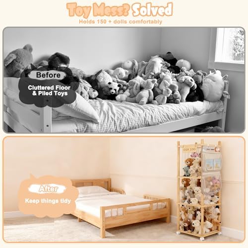 Large Stuffed Animal Storage, Wood Stuffed Animal Zoo with Brake Wheels and Hanging Storage Net, Space Save Toy Organizer, Large Capacity Stuffed Animal Holder, Perfect for Nursery Playroom Kidroom - Image 3