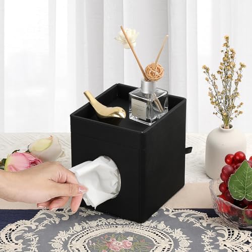 Sumnacon Square Tissue Box Cover with Storage Tray,Tissue Box Holder,Black - Image 2