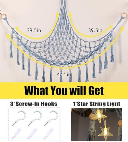 Stuffed Animal Toy Storage Hammock with LED Light-Macrame Jumbo Doll Room Organizer Mesh Decoration-Hanging Storage Nets Kids Bedroom(Blue Beads) - Image 5