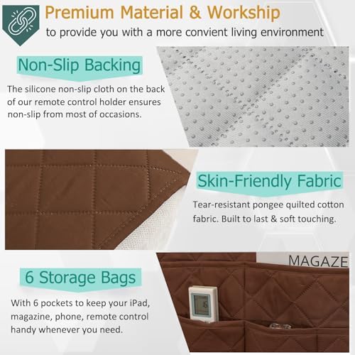 Remote Control Holder for Recliner Non-Slip Armchair Caddy Couch Armrest Organizer, Arm Chair Bedside Caddy Storage Organizer for Recliner Couch With 6 Pockets for Magazine, Phone, iPad (Brown) - Image 3