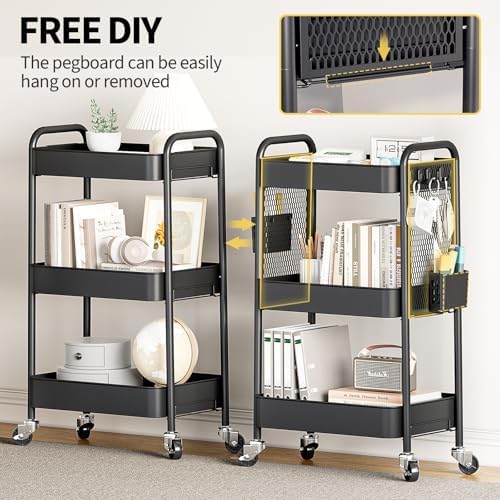 TOOLF 3 Tier Rolling Cart, Metal Utility Storage Cart with Pegboard, Black - Image 3