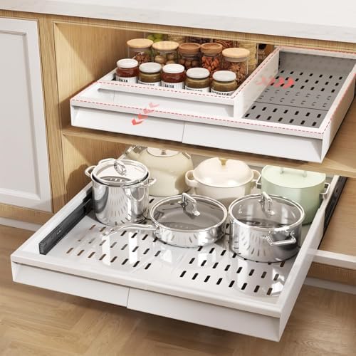 Seinloes Pull Out Cabinet Organizer, 4-Side Expandable to Fit Most Cabinets, 3 Rail Slide Out Drawers with Raising Pad for Framed & Frameless Cabinets, 13"-21" W x 17"-24" D, White, 2 Pack by Seinloes