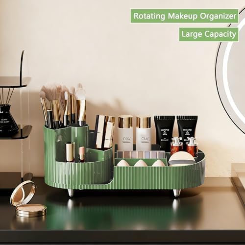 Rotating Makeup Organizer for Vanity with Brush Holder, Cosmetic Makeup Storage Organizer, Large Spinning Makeup Skincare Organizer, Countertop Makeup Perfume Organizer, Lotions Display Case Green - Image 5