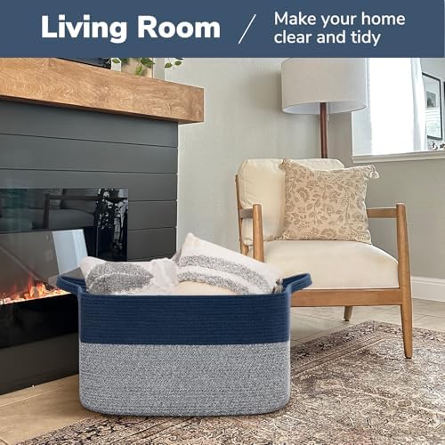 Goodpick 75L Extra Large Woven Blanket Basket, 22" x 17" x 12", Blue - Image 2