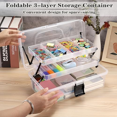 BTSKY 3-Layer Clear Plastic Dividing Storage Box Craft Organizer and Storage with Adjustable Spacers Portable Handled Art Supply Organizer Multipurpose Home Utility Box Sewing Organizers(Clear+Black) - Image 3