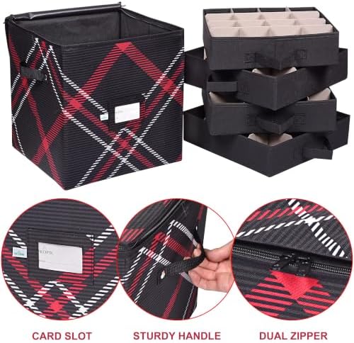 Christmas Ornament Storage Box | 4 Individual Trays with Dividers | Holiday Organizer Container | Fits 64 Ornaments Decoration Balls Holder | Strong Oxford Material (Plaid) - Image 3