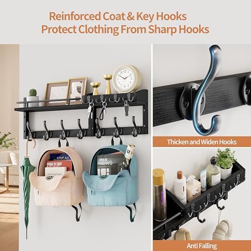 29 inch Coat Rack Wall Mount with Shelf, Heavy Duty Coat Hooks Wall Mount, Entryway Coat Hanger Wall Shelf with Key Holders and Mail Organizer for Living Room, Bedroom, Bathroom, Black - Image 3