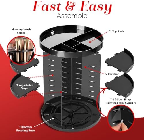 Masirs 360 Rotating Makeup Organizer Countertop, Adjustable Shelf, Black - Image 3