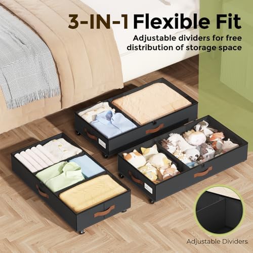 LAMU Under Bed Storage with Wheels, 2 Pack Under Bed Storage Containers with Clear Lids & Label, Rolling Under Bed Drawers for Clothes, Shoes, Blankets, Black - Image 3