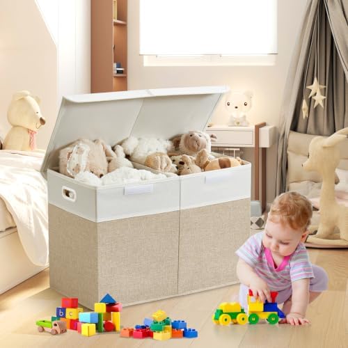 Large Toy Storage Box with Lid, Collapsible Toys Storage Organizer Bins with Dividers and Handles, Storage Chest Bin for Kids, Boys, Girls, Nursery 25"x13" x16" (Beige & White) - Image 6