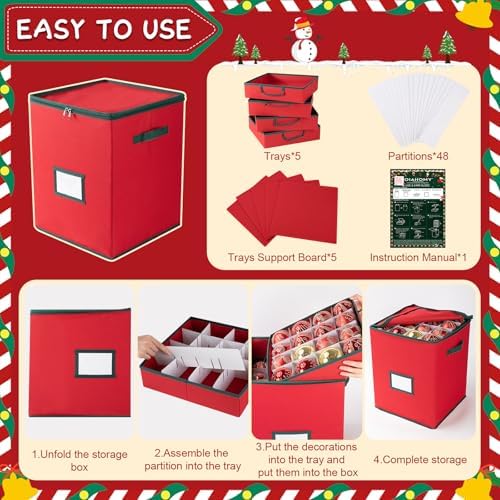 OIAHOMY Ornament Storage Box Holds 80 Christmas Ornaments, Christmas Ornament Storage Include Trays and Zippers, Ornament Organizer with Handle, Made of 600D Oxford Fabric - Green - Image 6